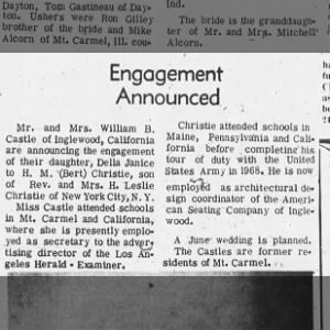 Christie, Hilbert M - Engagement announcement - 1970