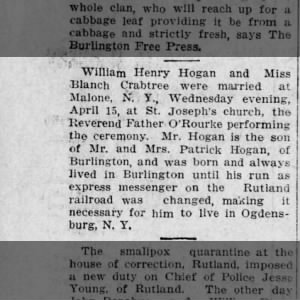 Hogan - Crabtree marriage 