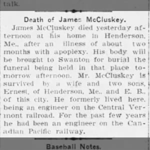 James McCluskey obit 3 Mar 1904