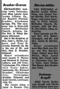 Laurie Jane Graves wed Russell Forrest Brasher (Apr 7, 1984) The Daily Oklahoman, Oklahoma City, OK