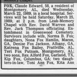 Obituary for Claude Edward FOX