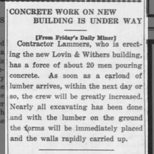 1916.12.09 Work on New Lovin & Withers / Central Commercial Company Building Underway - Kingman