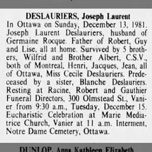 Obituary for Joseph Laurent DESLAURIERS