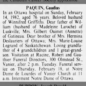 Obituary for Gaudias PAQUIN