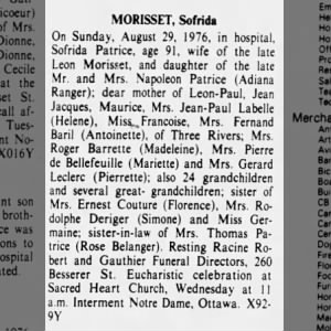 Obituary for Sofrida MORISSET
