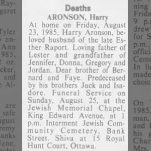 Obituary for Harry ARONSON
