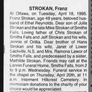 Obituary for Franz STROKAN