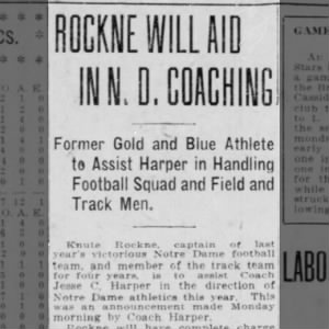 Rockne Will Aid in ND Coaching