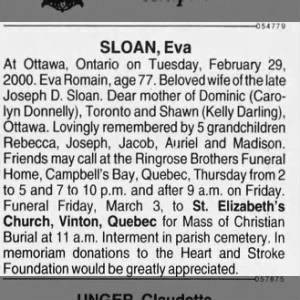 Obituary for Eva SLOAN