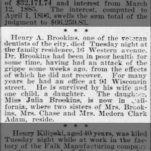 Henry Brookins obit, Watertown News (WI), Wed, 6 May 1896