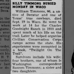 Obituary for BILLY TIMMONS (Aged 86)