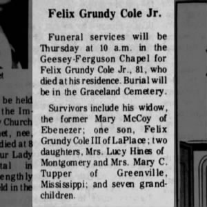 Obituary for Felix Grundy Cole Jr, 81