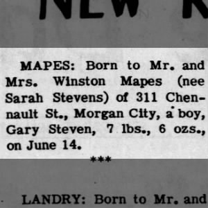 Birth Announcement - Gary Steven Mapes