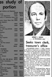 Article "Seeks Town Clerk, Treasurer's Office" - Robert J. Noble