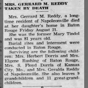 Mrs. Gerrard M. Reddy (formerly Mary Tindol) Taken by Death