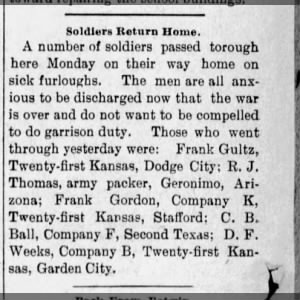 Ray (Thomas) Thompson returns to Geronimo, AZ 
The Weekly Republican Aug 26, 1898  Newton, KS.