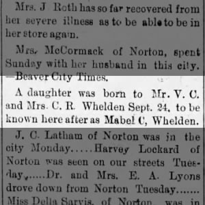 Mabel C. Whelden Born to Mr. V. C. Whelden and Mrs. C. R. Whelden