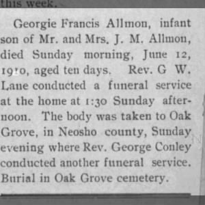 Allmon, Georgie Francis - 1910 0616 Obituary