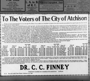 Atchison Daily Globe 4-3-1915 Mayor CC Finney vows to end bawdy houses.