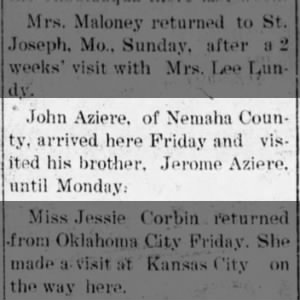 John Aziere visits brother, Jerome; 21 Aug 1913; Greely Kansas