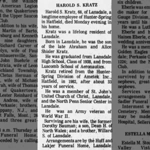 Obituary for HAROLD S. KRATZ
