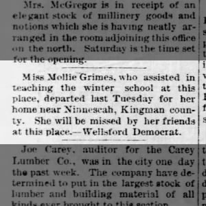 Miss Mollie Grimes departed last Tuesday for her home near Ninnescah, Kingman county