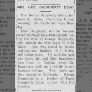 Mrs. George Daugherty 2 Aug 1923 Glen Elder Sentinel Glen Elder KS 