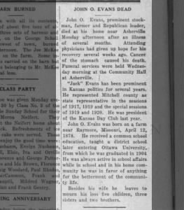 John O. Evans obit  2 Aug 1923 Glen Elder Sentinel