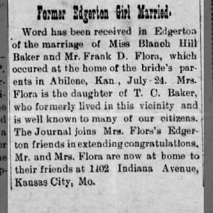 Marriage, Blanch Hill Baker and Frank D Flora