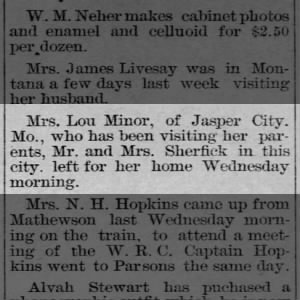 Lou Minor visiting parents "The McCune Leader" 29 June 1893 Pg 4
