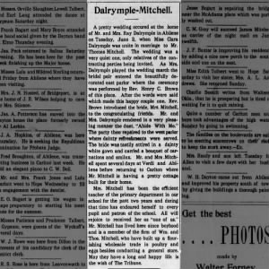 Clara Dalrymple & Thomas Mitchell marriage June 2, 1908 news artical in the Carlton, Kansas.