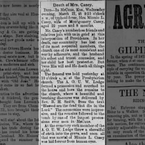 Obituary for Minnie L Casey "The McCune Times" 24 Mar 1883 Pg 3