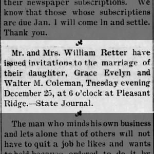 marriage of Grace Evelyn Retter & Walter M. Coleman