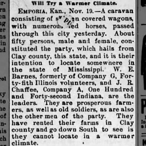 W E Barnes from Clay County to Mississippi November 1894
