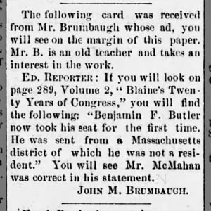 Letter to Paper, The Daily Reporter, 08/25/1887