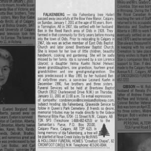 Obituary for Ida FALKENBERG