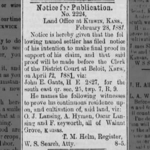 Land Office at Kirwin, KS - Feb 28, 1881