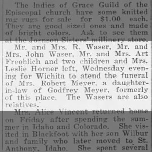Family Attends Funeral in Wichita, KS of Mrs Robert Meyer (nee Lillie Sandstrum) 6 Oct 1919