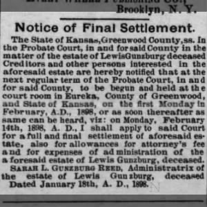 Final settlement of estate of Lewis Gunzburg, widow Sarah L Gunzburg Reed