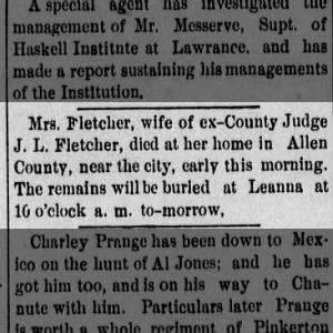 death notice of wife of J L Fletcher on 16 Jul 1890