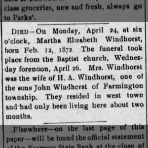 Died - Martha Elizabeth Windhorst - 24 April 1906, Washington, Kansas