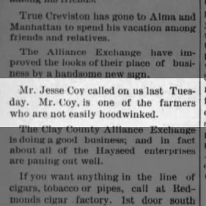 The Weekly Sun (Clay Center, Kansas) 01 Jan 1891, Thu., pg 4 _ Jesse Coy