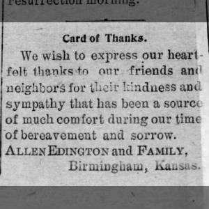 for Ida Bell Edington Apr 9 1904, Allen Edington family, Birmingham, Kansas