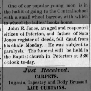 Death Notice John E. Jones, father of Sam J Jones, Osage County Courier, Kansas 27 Apr 1894