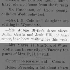 Julia G. Hill,Julia Hill Blythe gets a visit from her nieces, Julia G., Gertie, and Josie Hill