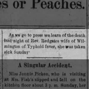 Eliza Jane Hendricks Redgate, death announcement.  The Fulcrum, Burlington, KS. Aug. 9, 1895, pg. 3.