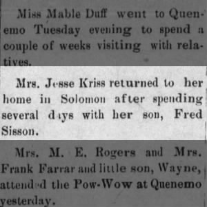 Jesse Kriss visited son Fred 1912