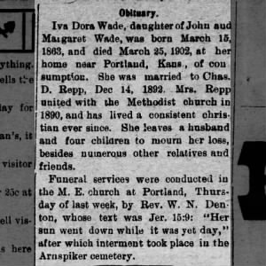 Obituary for Iva Dora Wade, 1863-1902
