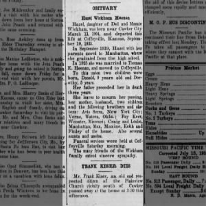 obit Hazel Wickham Heenan  26 Sep 1935  Cawker City News  Cawker City KS 