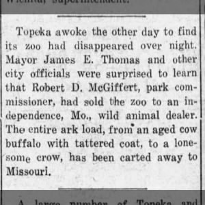 Topeka Zoo sold to MO, 1926